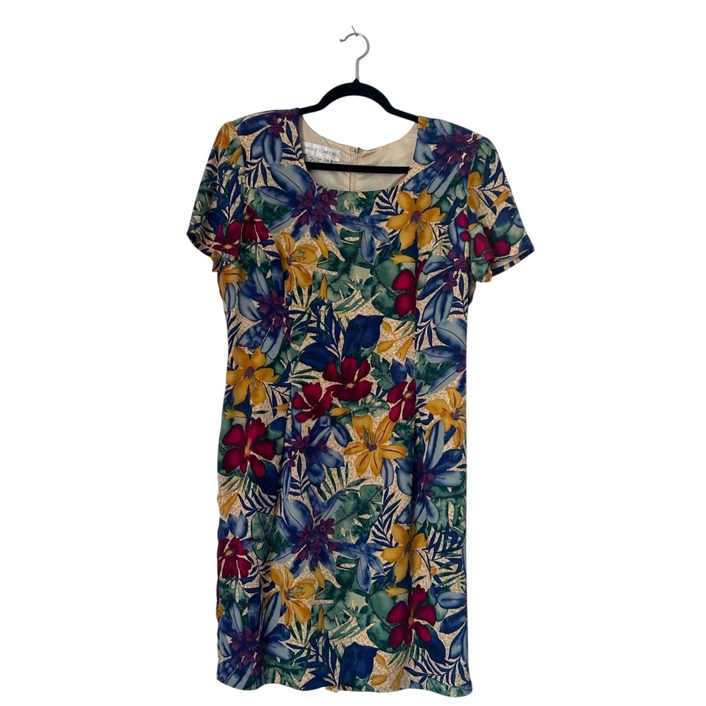 VTG 90s Maggy London 100% Silk Cocktail Dress Size 14 Vibrant Multi Floral Print